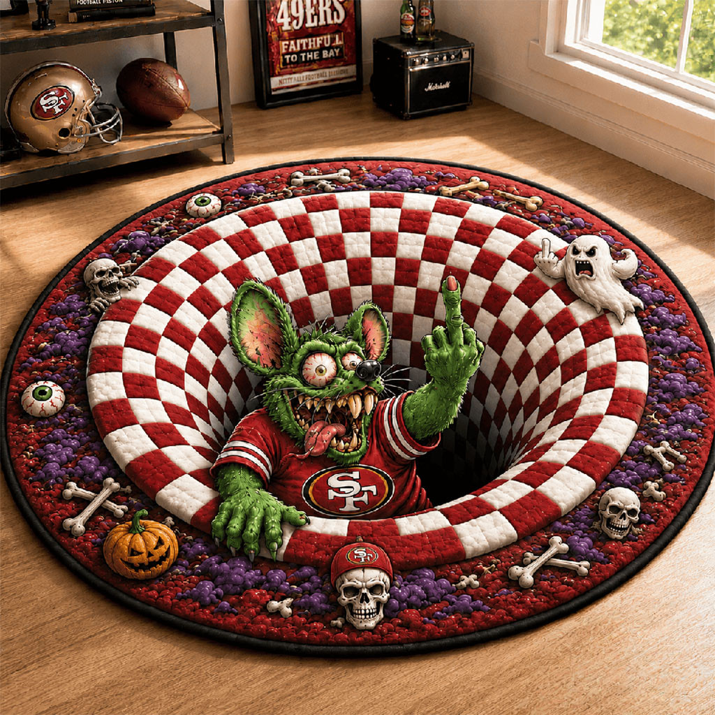 San Francisco 49ers X Rat Fink 2026 Halloween Quilted Round Mat SF 49ers Merch Fan Gifts