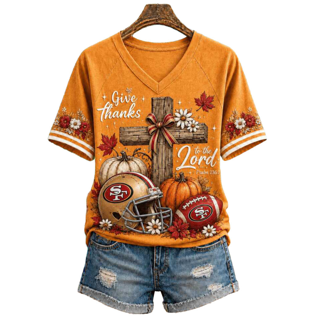 San Francisco Football Cross Pumpkin Give Thanks To The Lord V-Neck Shirt SF 49ers Merch