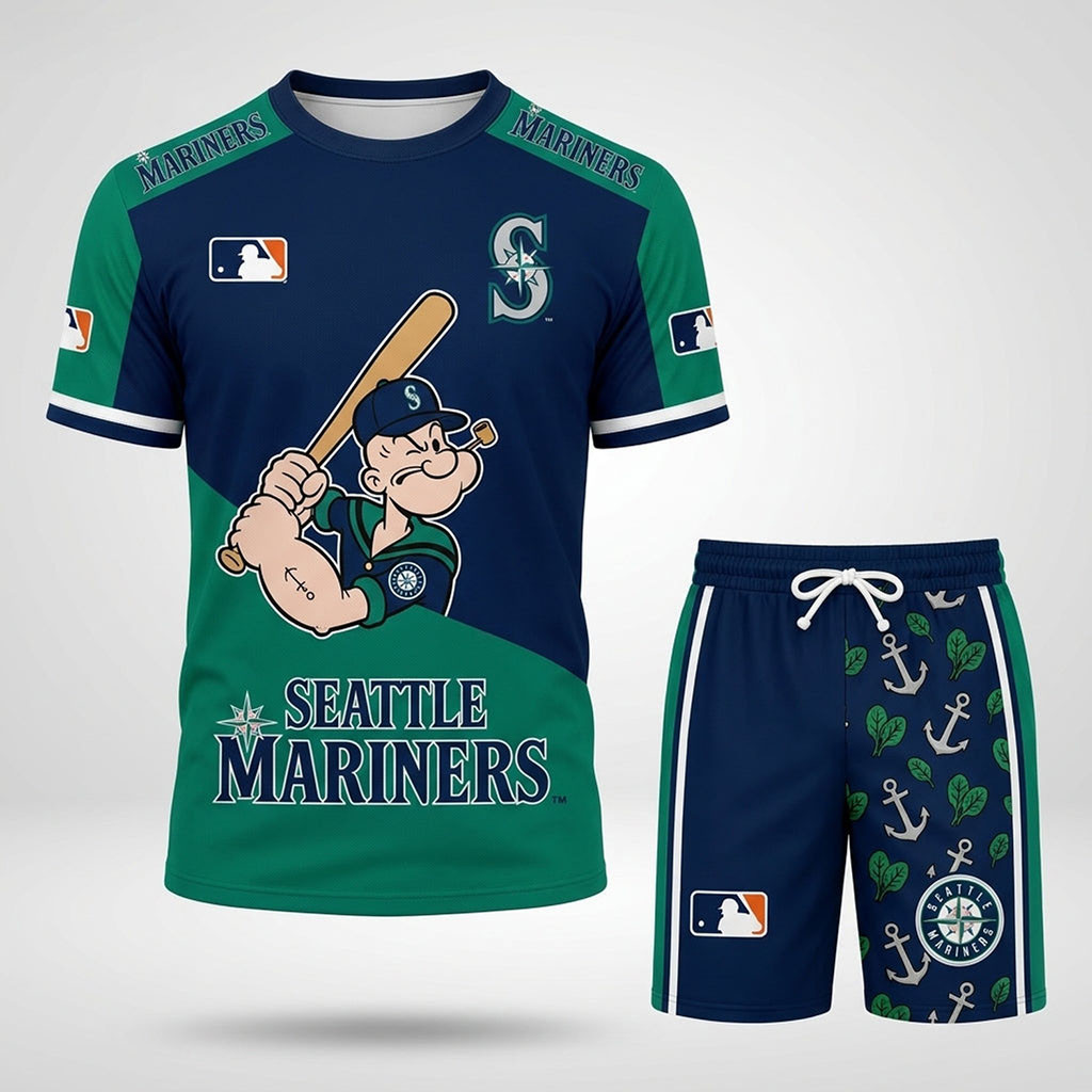 Seattle Mariners X Popeye The Sailor T-Shirt And Shorts Set Seattle Mariners Merch Fan Gifts