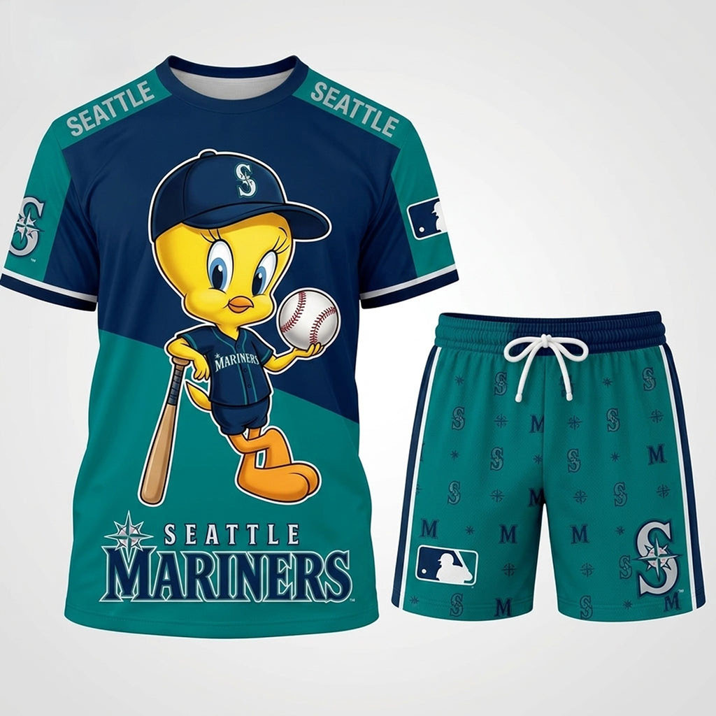 Seattle Mariners X Tweety Looney Tunes T-Shirt And Shorts Set Seattle Mariners Merch Fan Gifts Seattle Mariners X Tweety Looney Tunes T-Shirt And Shorts Set Seattle Mariners Merch Fan Gifts
