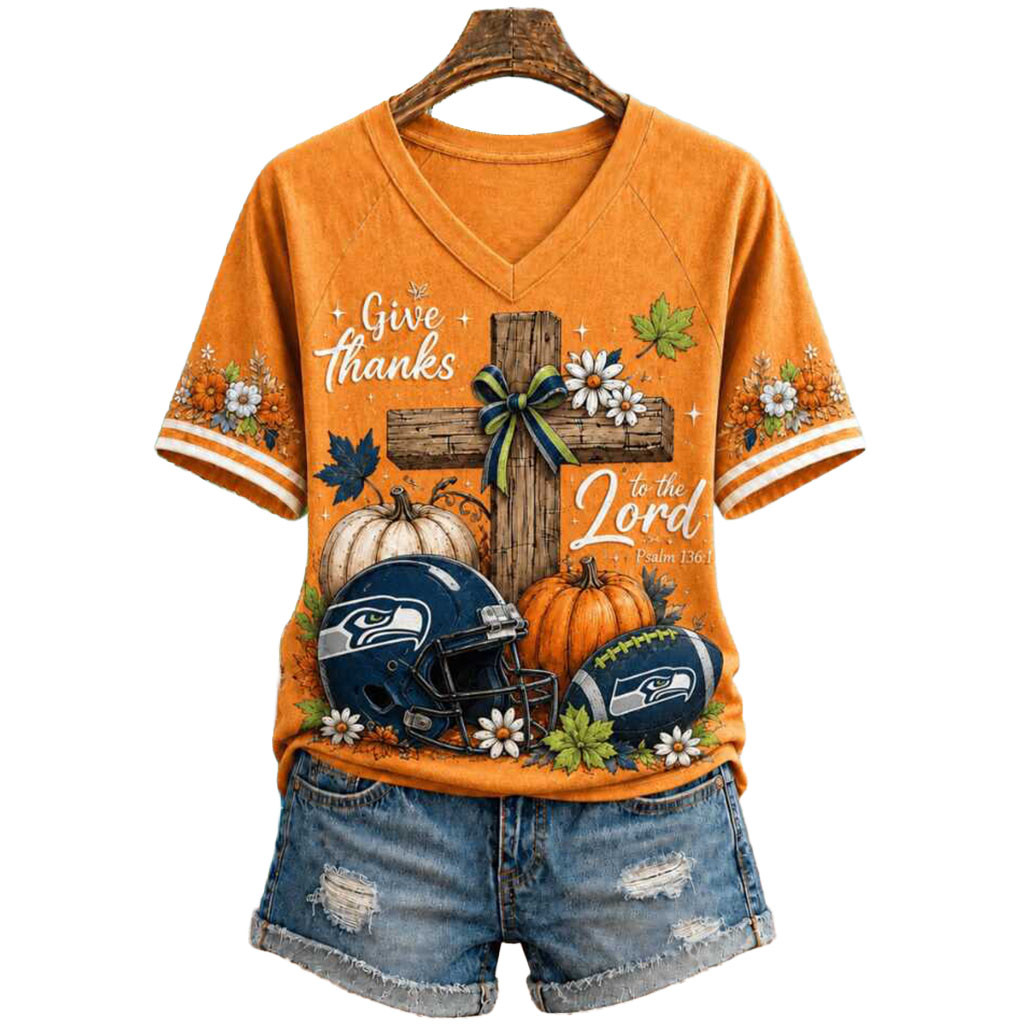 Seattle Seahawks Give Thanks Cross Pumpkin Autumn Football V-Neck Shirt Seattle Seahawks Merch Seattle Seahawks Give Thanks Cross Pumpkin Autumn Football V-Neck Shirt Seattle Seahawks Merch