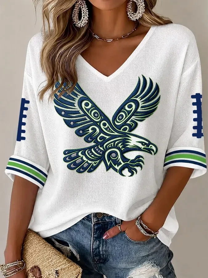 Seattle Seahawks Merch Eagle Art Seattle Football Crop Sleeve V-Neck Shirt Game Day Gifts