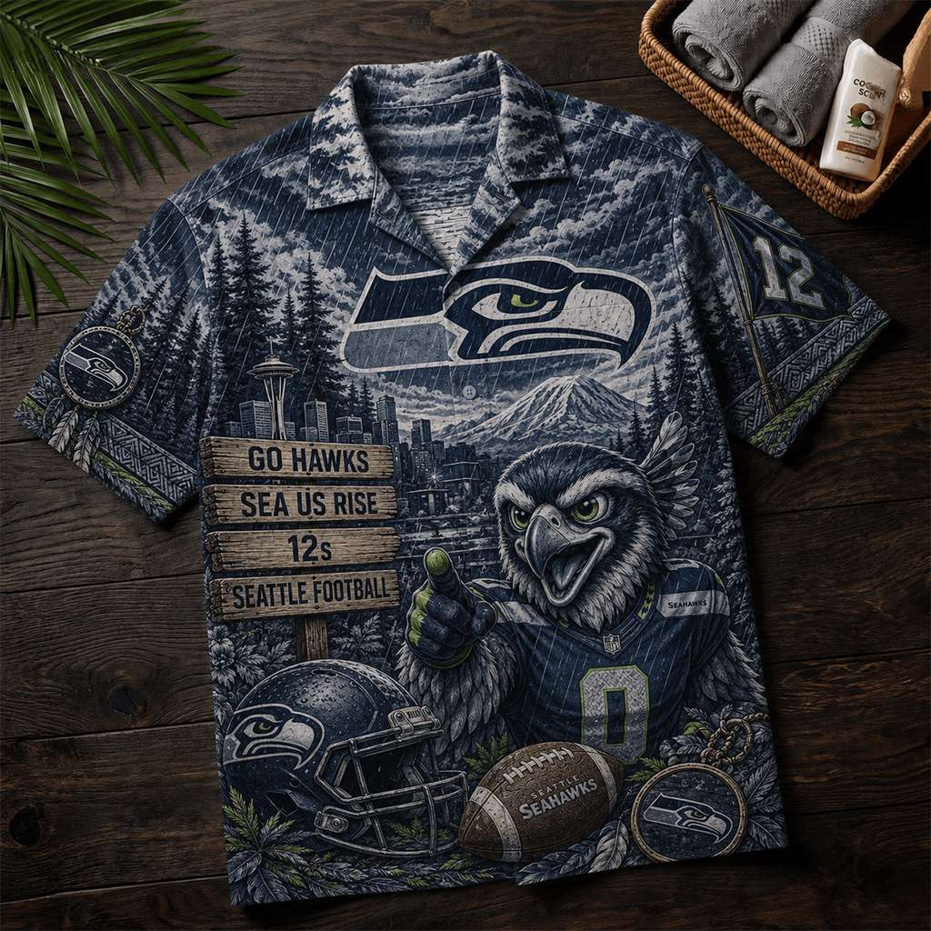 Seattle Seahawks Merch Go Hawks Hawaiian Shirt Sea Us Rise 12s Apparel Gift For Football Lover Seattle Seahawks Merch Go Hawks Hawaiian Shirt Sea Us Rise 12s Apparel Gift For Football Lover