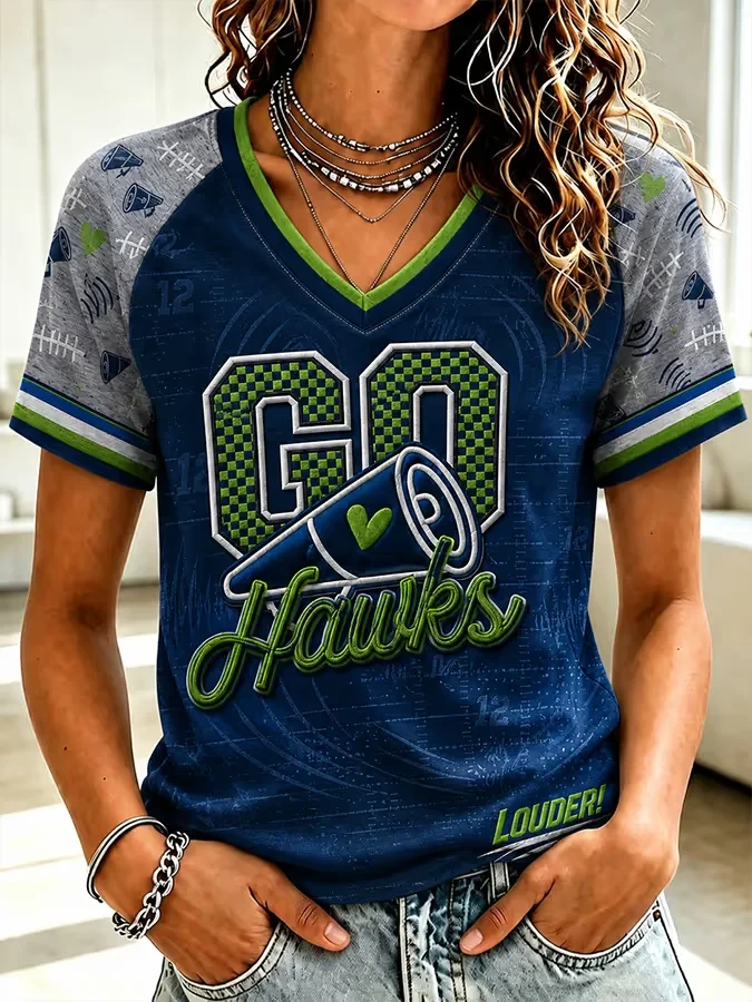 Seattle Seahawks Merch Go Hawks Seattle Football V-Neck Shirt Game Day Apparel Women Gifts Seattle Seahawks Merch Go Hawks Seattle Football V-Neck Shirt Game Day Apparel Women Gifts