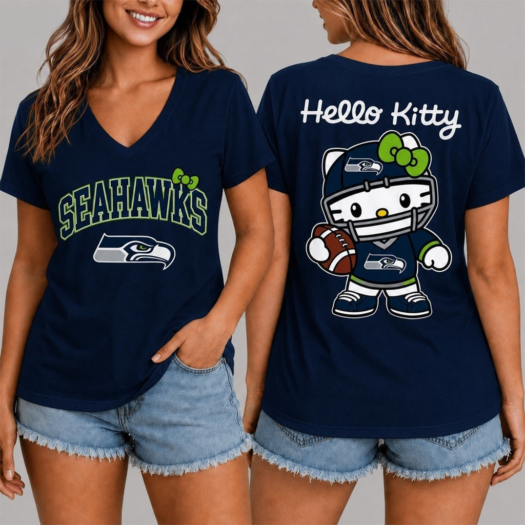 Seattle Seahawks X Hello Kitty V-Neck Shirt Adorable Game Day Shirt Seattle Seahawks Merch