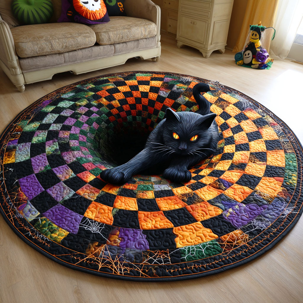Shadow Cat Quilted Round Mat Halloween Room Decor Black Cat Gift Ideas