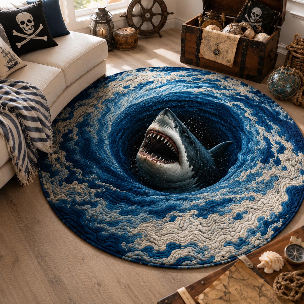 Shark Abyss Quilted Round Mat Round Floor Mat Halloween Gifts For Family