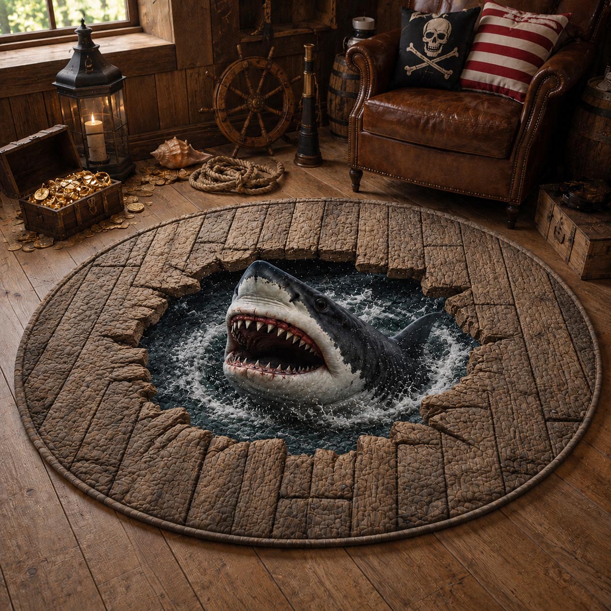 Shark Breach Quilted Round Mat Circle Rugs Small Spooky Gifts For Her