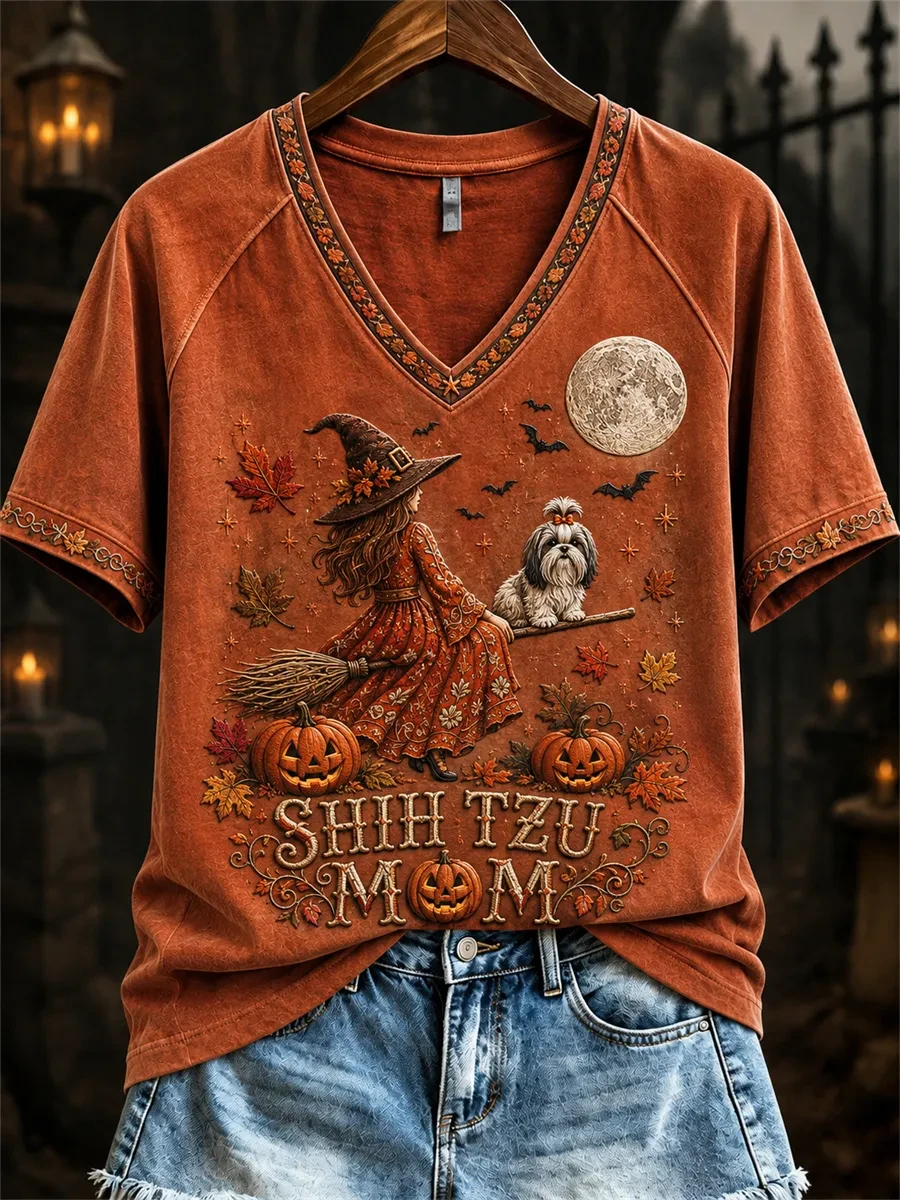 Shih Tzu Mom Halloween V-Neck Shirt Womens Witch Outfit Best Gifts For Shih Tzu Lovers