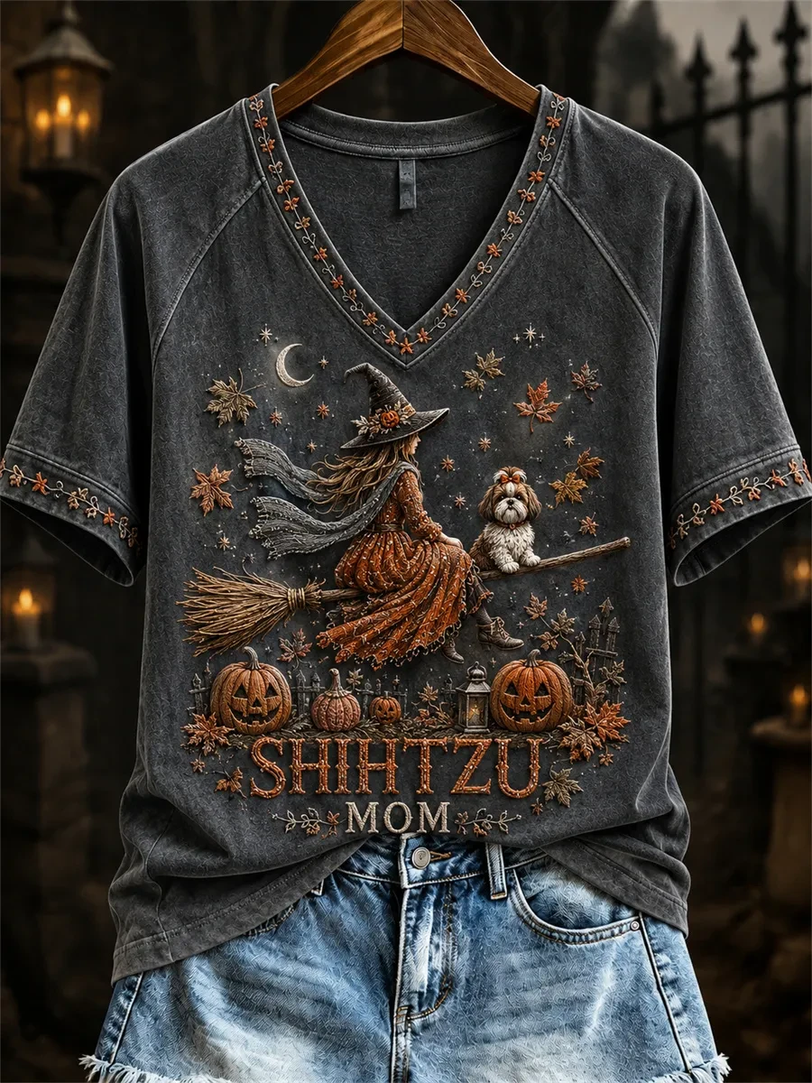 Shih Tzu Mom Halloween V-Neck Shirt Womens Witch Outfit Halloween Gifts For Shih Tzu Mom Shih Tzu Mom Halloween V-Neck Shirt Womens Witch Outfit Halloween Gifts For Shih Tzu Mom