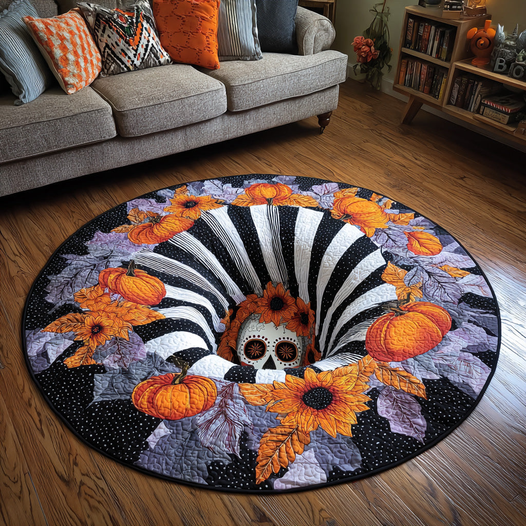 Skull Bloom Quilted Round Mat Rug With Circles Best Halloween Presents