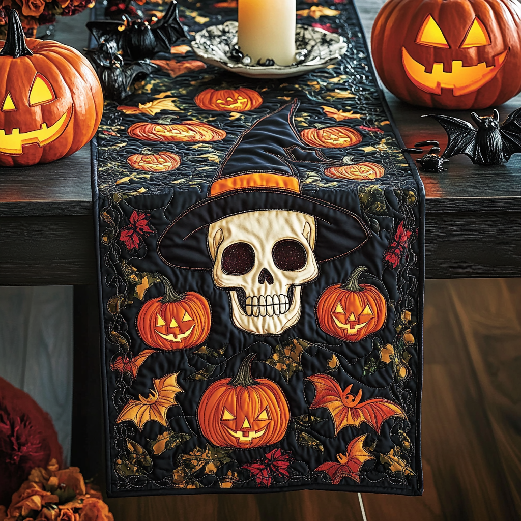Skull Pumpkin Night Quilted Table Runner Dining Room Table Decor Ideas Spooky Gift Ideas