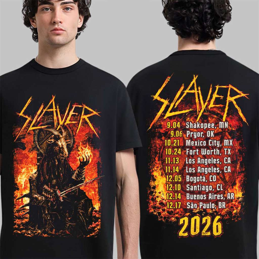 Slayer Reign in Blood 40th Anniversary Tour 2026 Flame Goat Holding Sword T-Shirt Slayer Merch