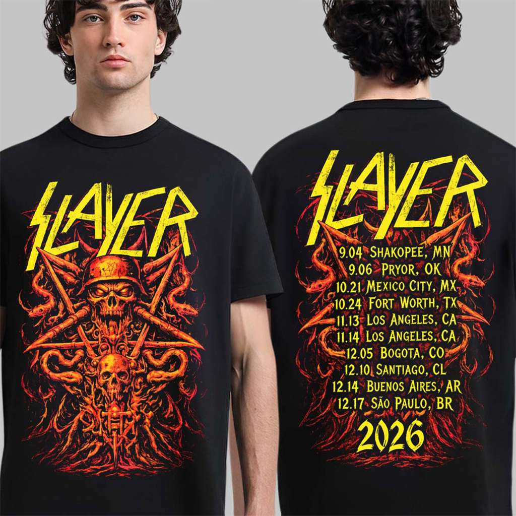 Slayer Reign in Blood 40th Anniversary Tour 2026 Skull Pentagon With Dates T-Shirt Slayer Merch
