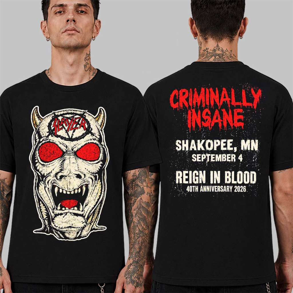 Slayer Shakopee MN 2026 Event Reign In Blood 40th Anniversary Tour T-Shirt Slayer Merch