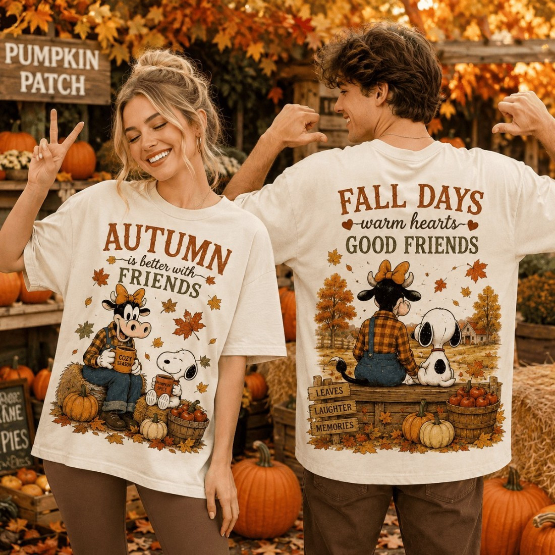 Snoopy And Clarabelle Cow Autumn Is Better with Friends T-Shirt Fall Present for Peanuts Lovers