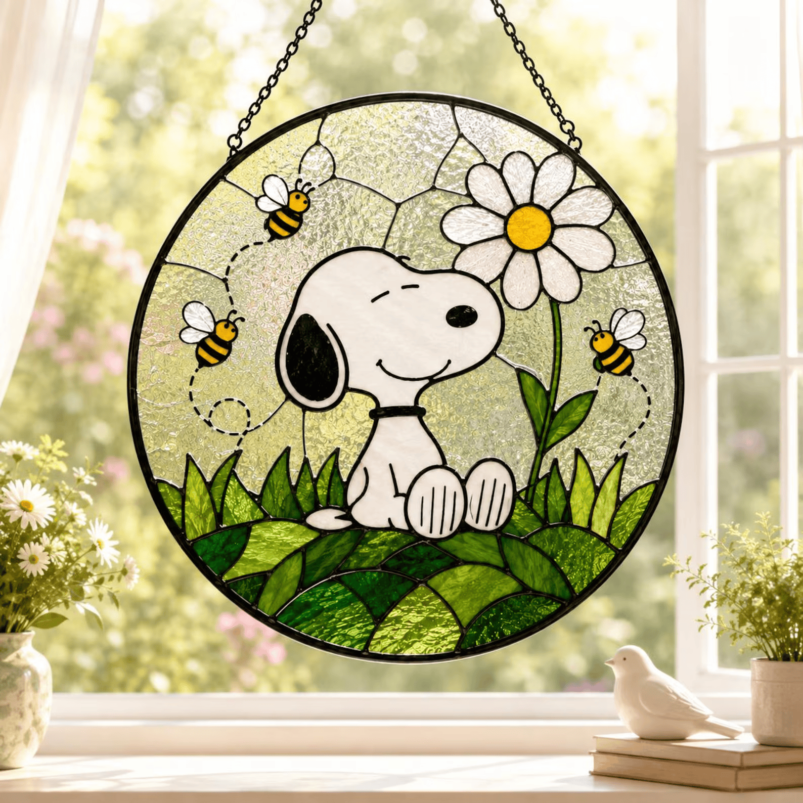 Snoopy Daisy And Bees Stained Glass Suncatcher Peanuts Window Hanging Decor Gift For Snoopy Fan