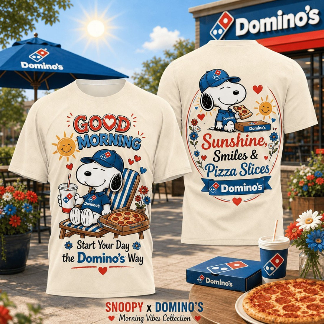 Snoopy Domino's Cap and Pizza Motif T-Shirt With Sunshine Smiles Shirt Morning Vibe Fan Apparel Snoopy Domino's Cap and Pizza Motif T-Shirt With Sunshine Smiles Shirt Morning Vibe Fan Apparel