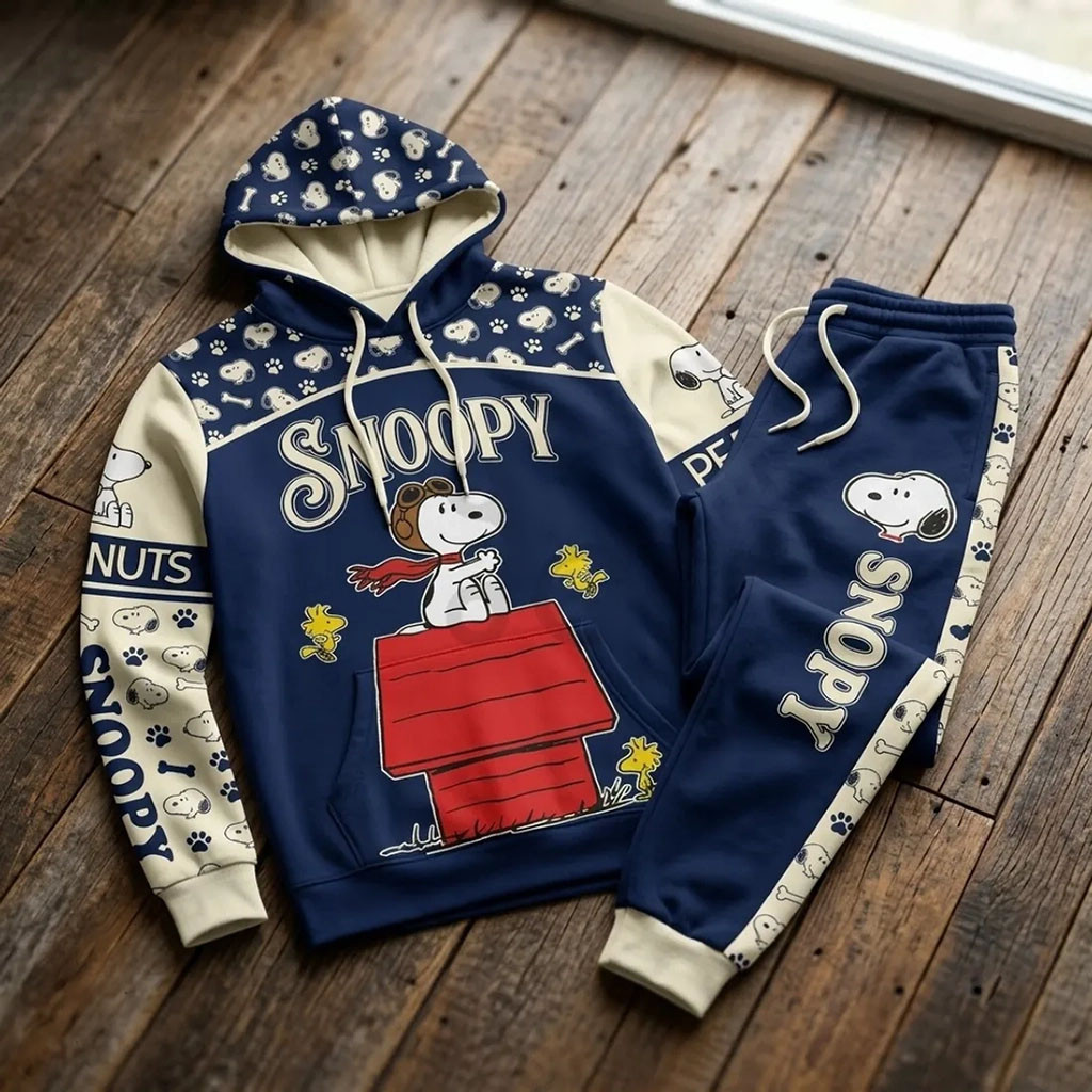 Snoopy Flying Ace Navy Blue Hoodie And Sweatpants Cute Snoopy Merch Gifts For Friends