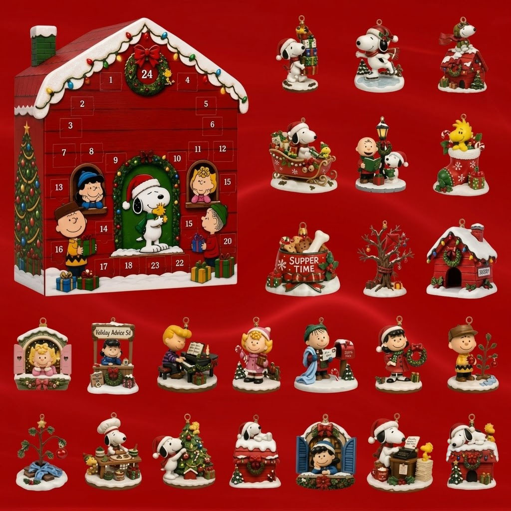 Snoopy Friends Christmas Advent Calendar 24 Flat Peanuts Character Tree Ornaments Decor