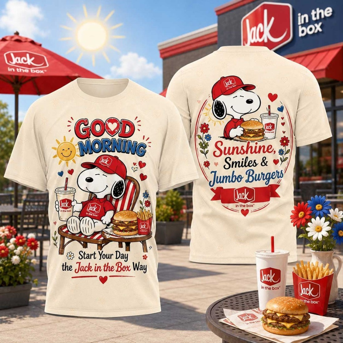 Snoopy Jack in the Box Sunshine Smiles Jumbo Burger T-Shirt Gift For Playful Breakfast Fans