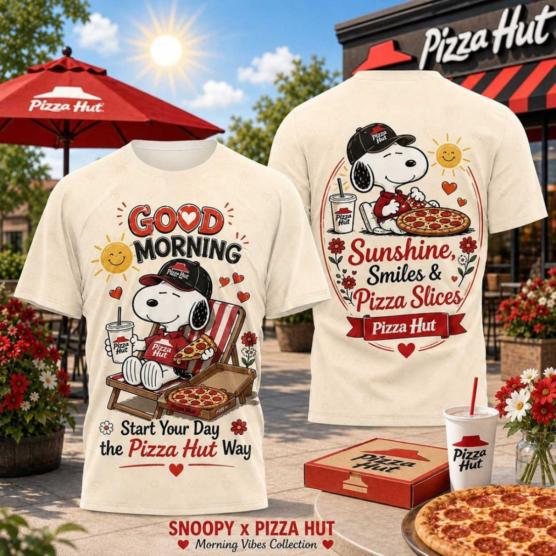 Snoopy Pizza Hut Collaboration Retro Cartoon Morning Vibes T-Shirt Brunch Outfits BFF Gifts