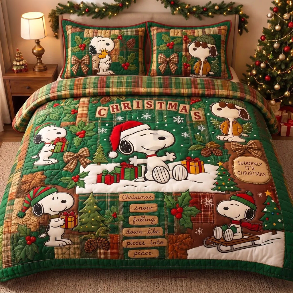 Snoopy Suddenly It's Christmas Quilt Bedding Set Holiday Bedroom Decor Gift For Snoopy Fan Snoopy Suddenly It's Christmas Quilt Bedding Set Holiday Bedroom Decor Gift For Snoopy Fan