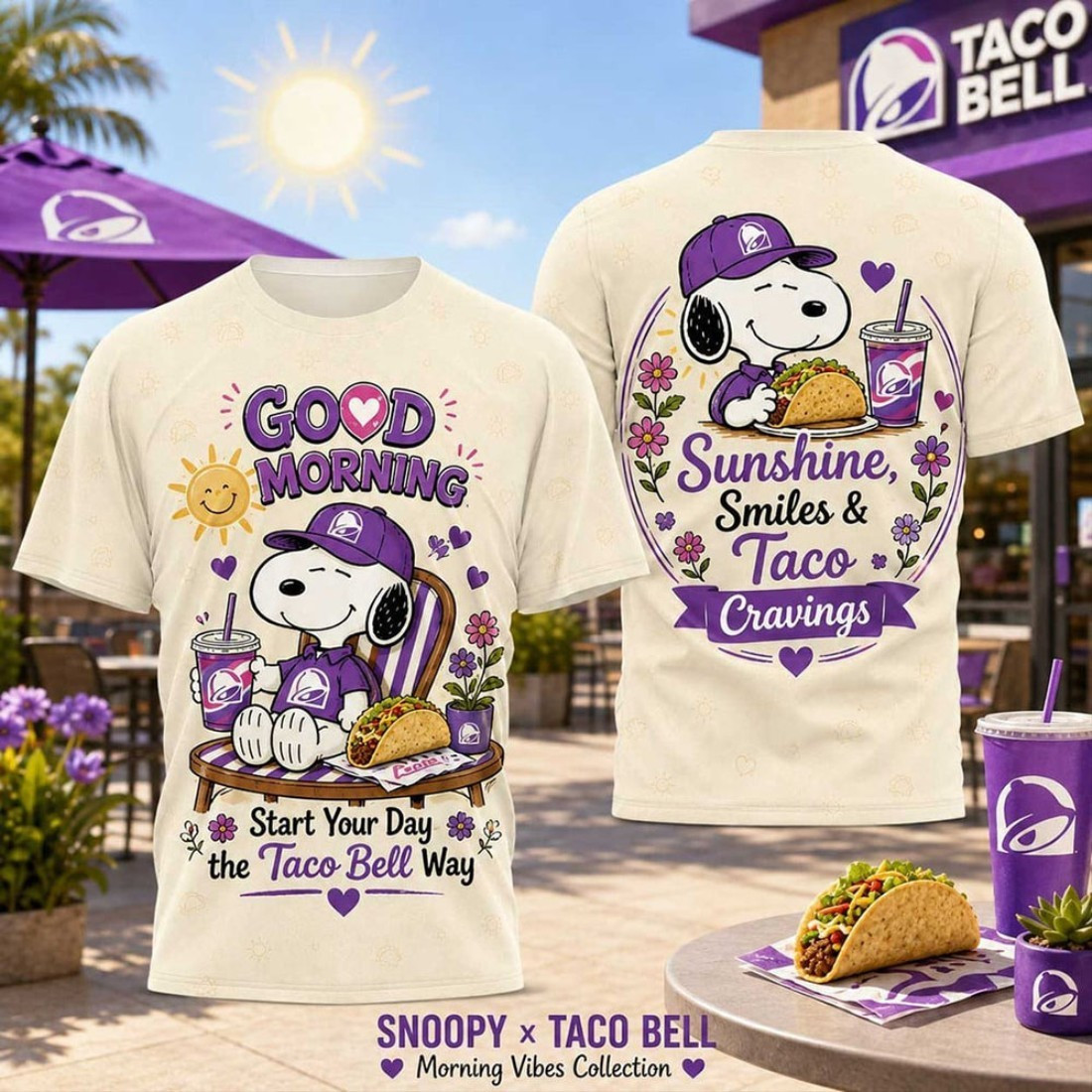 Snoopy Taco Bell Purple Cap and Taco Morning Graphic T-ShirtGood Gifts For Boyfriend