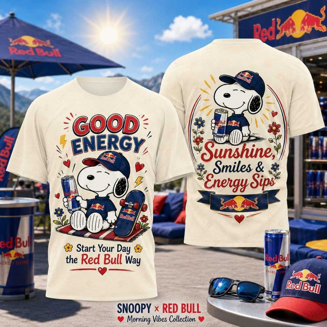 Snoopy X Red Bull Good Energy Vintage Cartoon Skateboard T-Shirt Gift Ideas For Friends