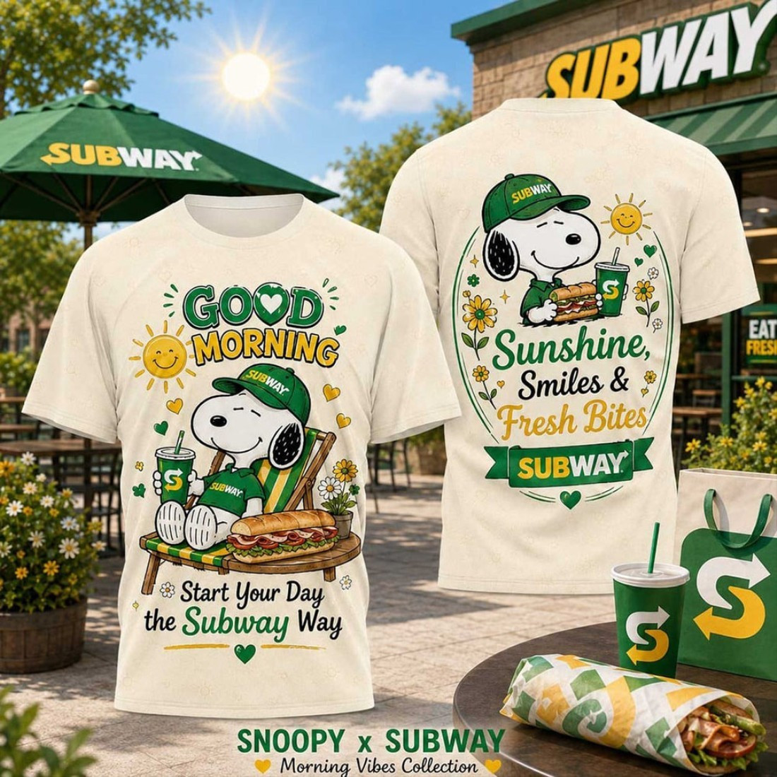 Snoopy x Subway Green Cap Sunshine Graphic T-Shirt Subway Merch Present For Brothers Snoopy x Subway Green Cap Sunshine Graphic T-Shirt Subway Merch Present For Brothers