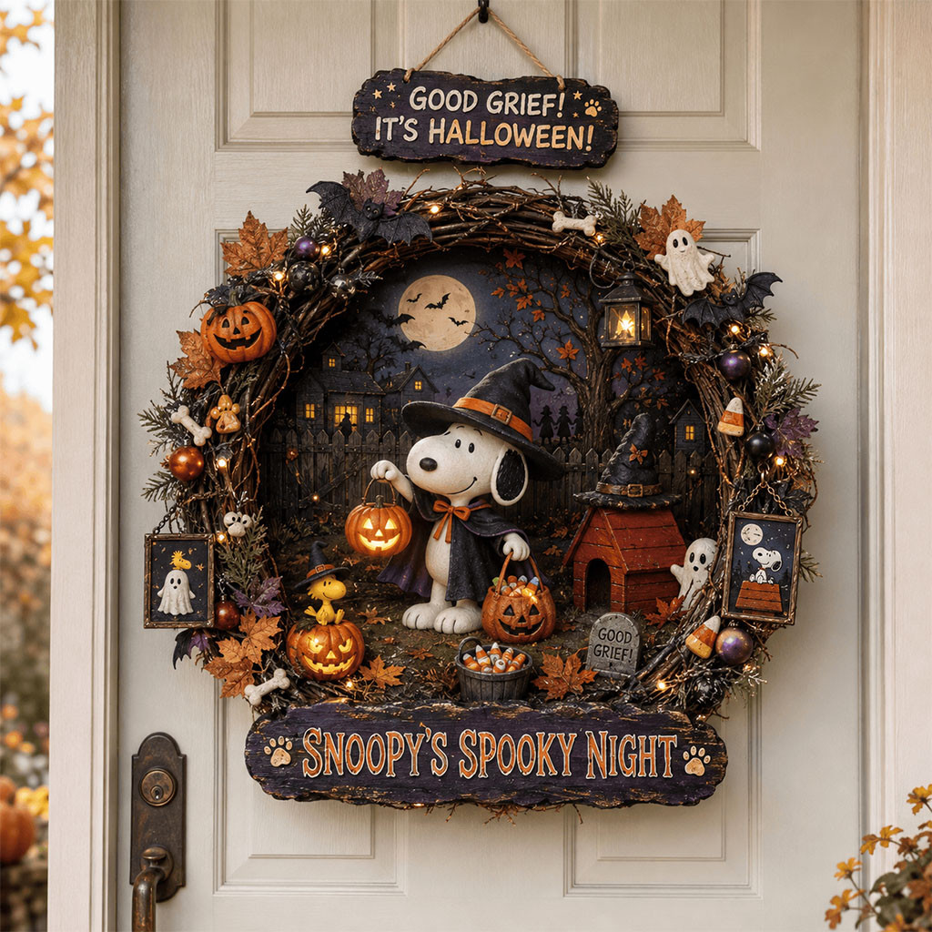 Snoopy's Spooky Night Door Sign Halloween Wreath House Decorative Gift For Family Snoopy's Spooky Night Door Sign Halloween Wreath House Decorative Gift For Family