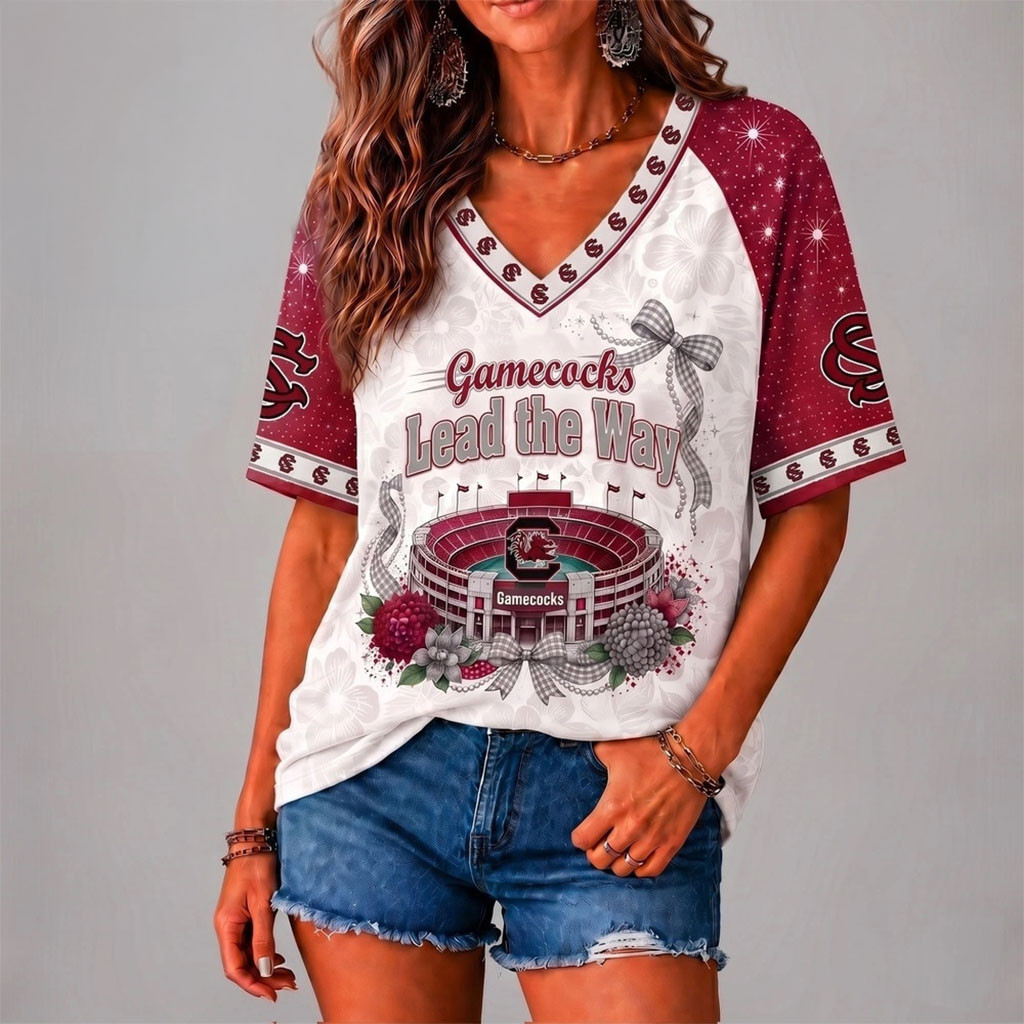 South Carolina Gamecocks Floral Stadium Bow V-Neck Shirt Lead The Way Gamecocks Merch Women's