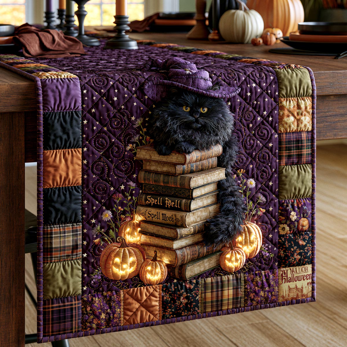 Spellbound Whiskers Quilted Table Runner Halloween Decorations For A Table Black Cat Themed Gifts