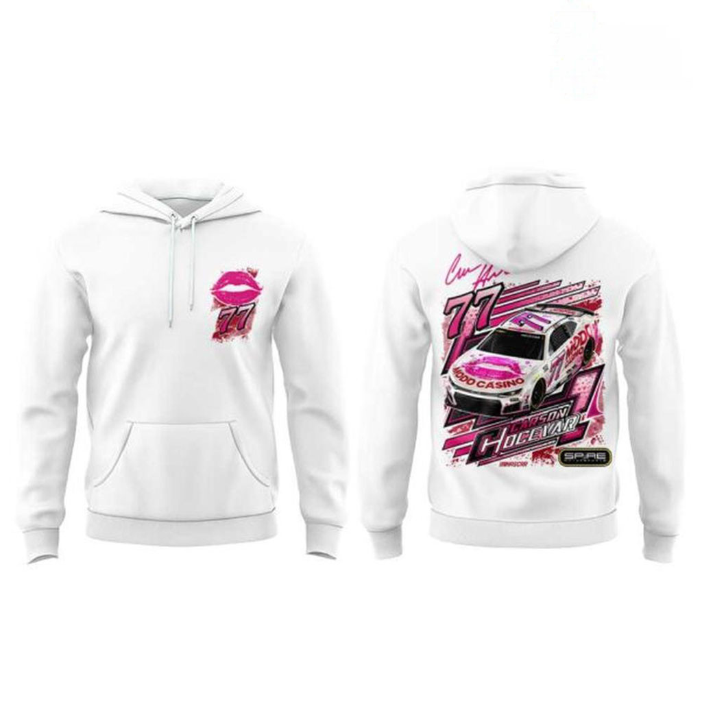 Spire Motorsports Carson Hocevar #77 Modo Casino White Hoodie Spire Motorsports Merch Gift