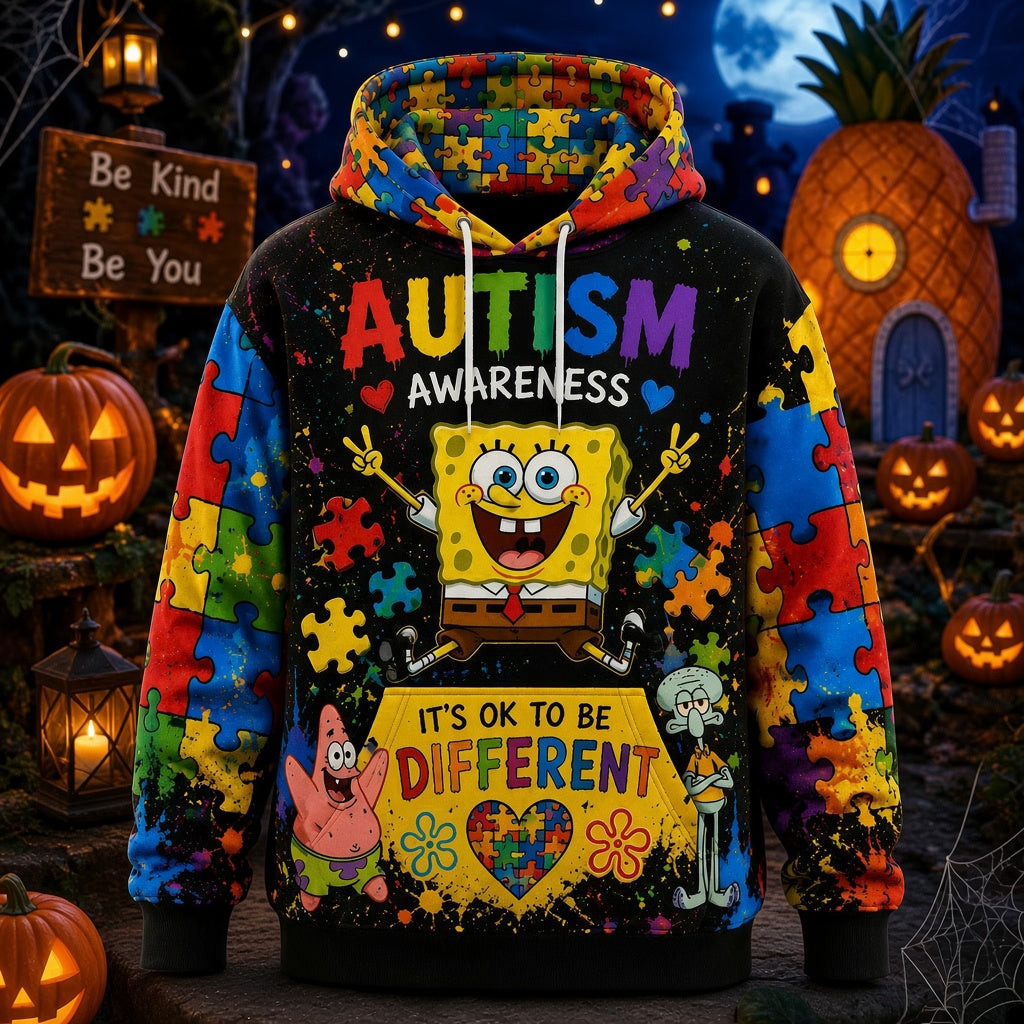 SpongeBob Autism Awareness Halloween Hoodie It's OK to Be Different Colorful Puzzle Merch Gift SpongeBob Autism Awareness Halloween Hoodie It's OK to Be Different Colorful Puzzle Merch Gift