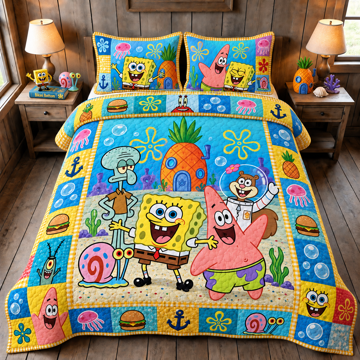 SpongeBob SquarePants And Friends Quilt Bedding Set Bikini Bottom Cartoon Bedspread Bedroom Gift