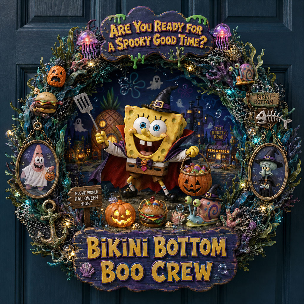 SpongeBob SquarePants Halloween Door Sign Bikini Bottom Boo Crew Wreath Spooky Home Decor