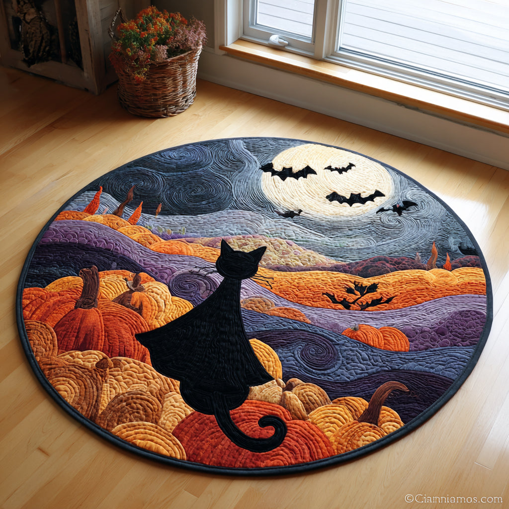 Spooky Black Cat Halloween Quilted Round Mat Horror Living Room Decor Black Cat Mom Gifts