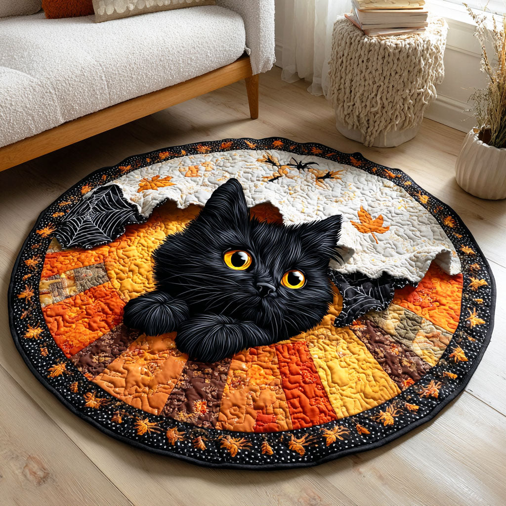 Spooky Cat Quilted Round Mat Indoor Halloween Decor Gifts For Black Cat Lovers