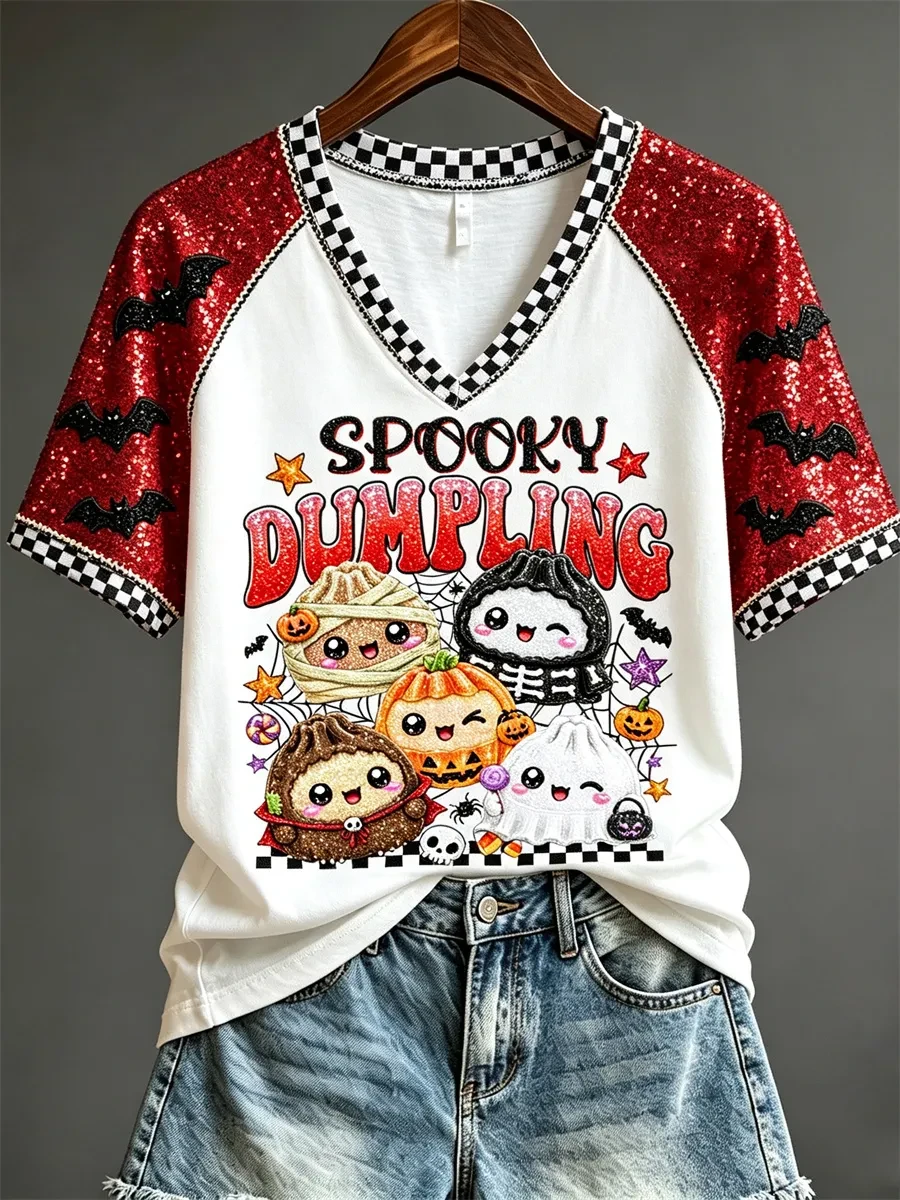 Spooky Dumpling Halloween Glitter Dumplings Buns V-Neck Shirt Cute Halloween Outfits For Her