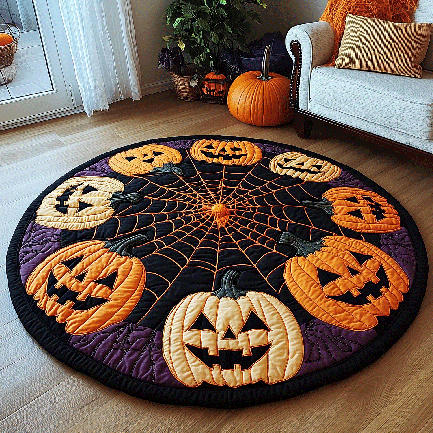 Spooky Pumpkin Quilted Round Mat Round Carpet Rugs Best Halloween Gifts
