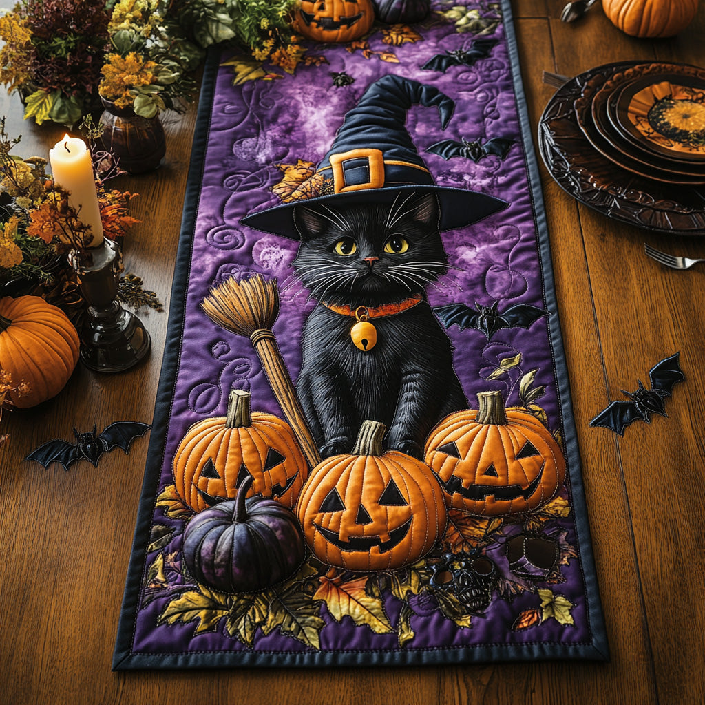 Spooky Whimsy Black Cat Quilted Table Runner Decorate Halloween Table Black Cat Gift Items