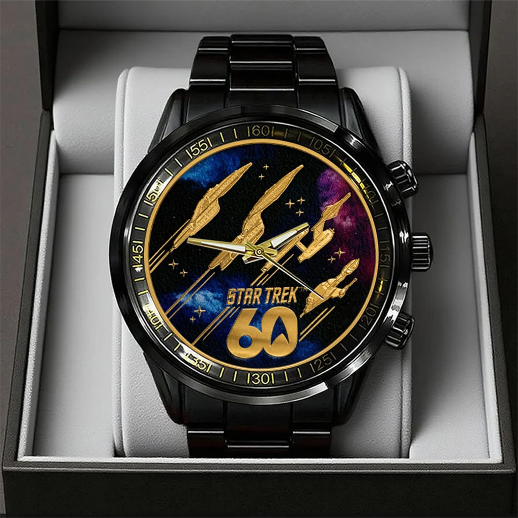 Star Trek 60th Anniversary Black Stainless Steel Watch Star Trek Merch Gift For Movie Fans Star Trek 60th Anniversary Black Stainless Steel Watch Star Trek Merch Gift For Movie Fans