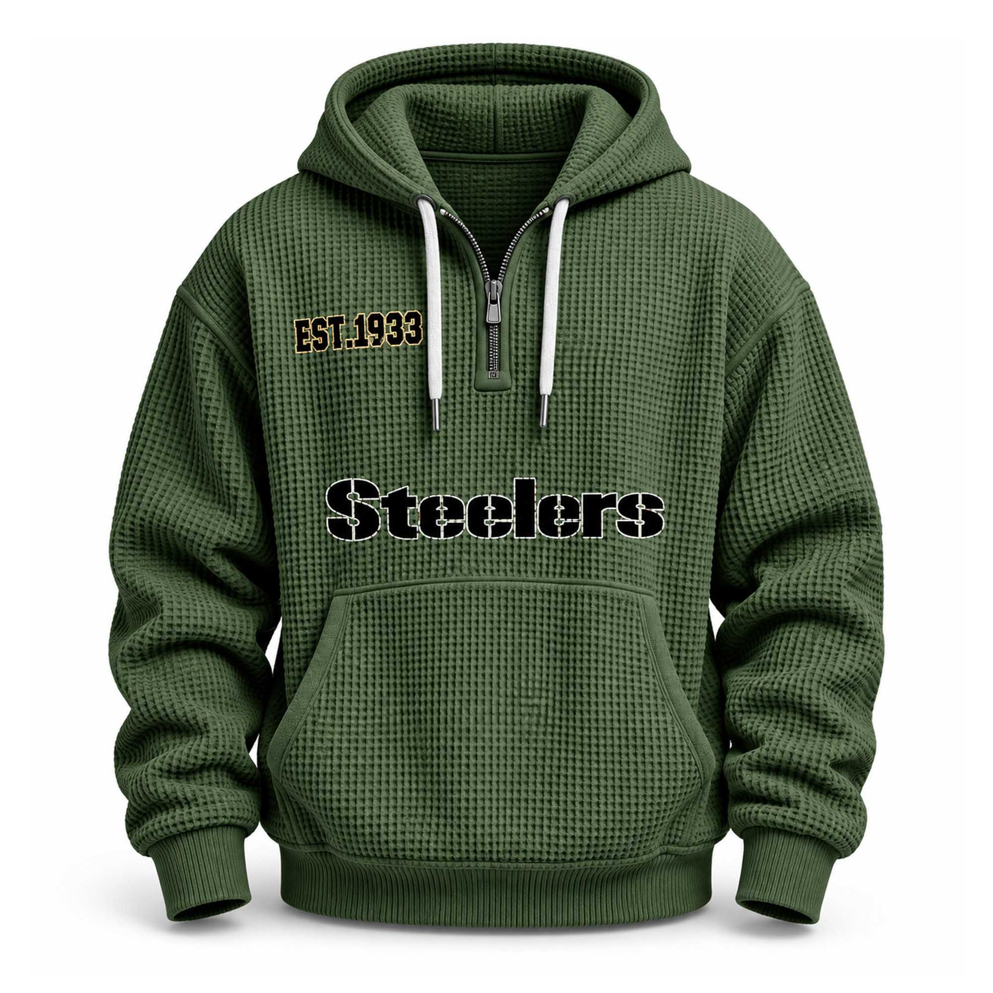 Steelers EST 1933 Quarter Zip Waffle Hoodie Pittsburgh Steelers Merch Gifts For Football Fan