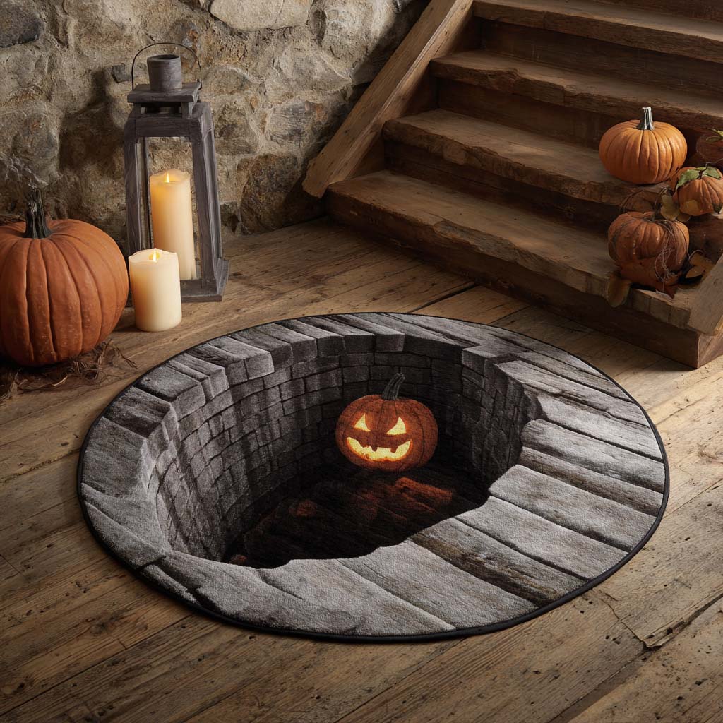 Stone Well Pumpkin Quilted Round Mat Spooky Home Decor Gift Items For New House Stone Well Pumpkin Quilted Round Mat Spooky Home Decor Gift Items For New House