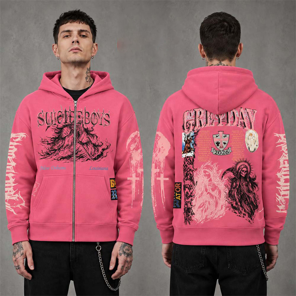 SuicideboyS Greyday 2026 Tour Grim Reaper Pink Zip Up Hoodie SuicideboyS Merch Hip Hop Fan Gear SuicideboyS Greyday 2026 Tour Grim Reaper Pink Zip Up Hoodie SuicideboyS Merch Hip Hop Fan Gear