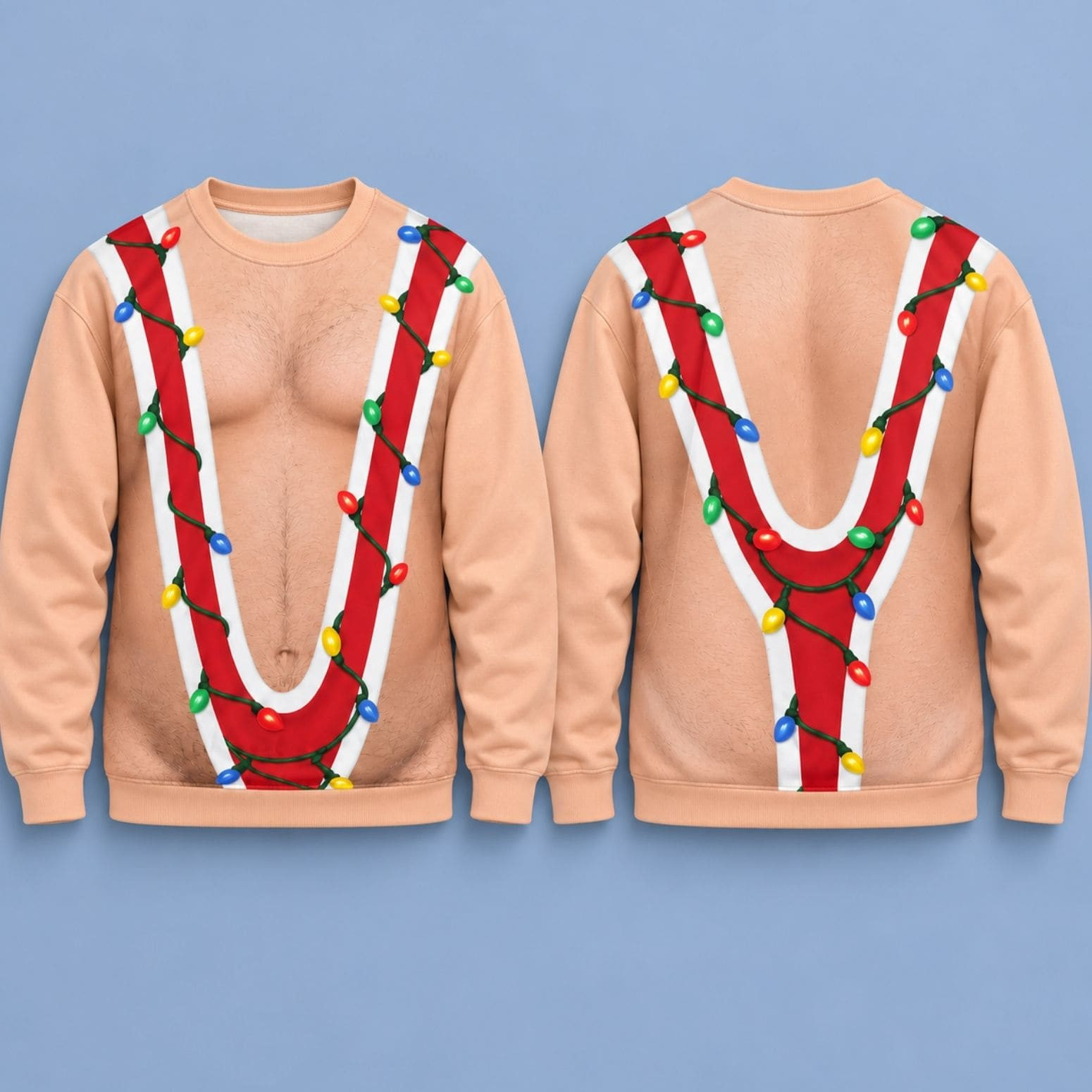 Suspenders Hairy Chest Christmas Ugly Sweatshirt Funny Holiday Lights Costume Apparel Xmas Gift