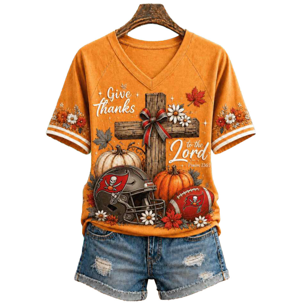 Tampa Bay Buccaneers Football Cross Pumpkin Autumn Give Thanks V-Neck Shirt Buccaneers Merch