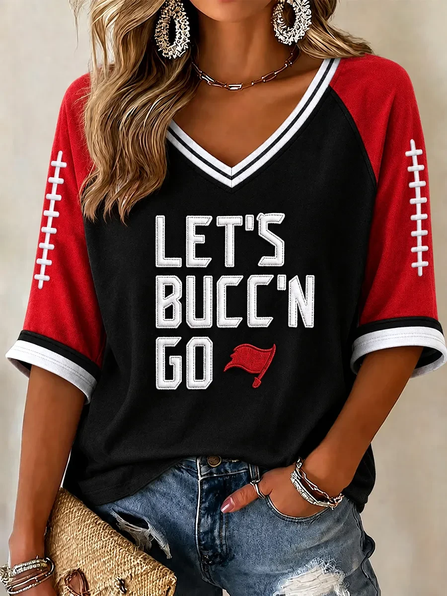Tampa Bay Buccaneers Merch Tampa Bay Football Let's Bucc'n Go Crop Sleeve V-Neck Shirt Fan Gifts