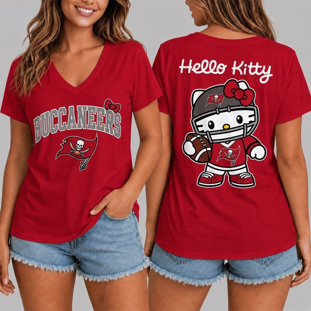 Tampa Bay Buccaneers X Hello Kitty V-Neck Shirt Cute Game Day Apparel Buccaneers Merch Women's